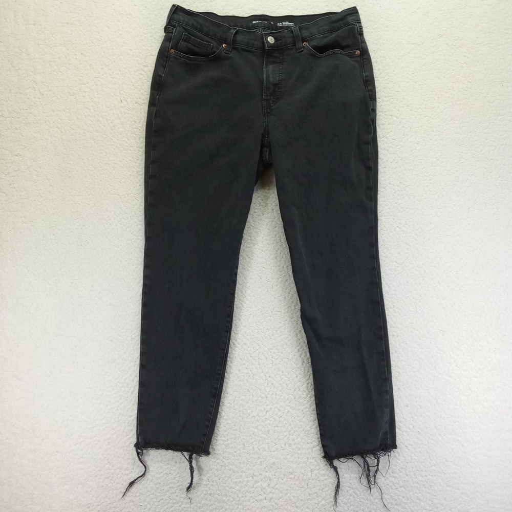 Old Navy OG Straight High Rise Jeans Black Raw Hem Size 14 Distressed Denim